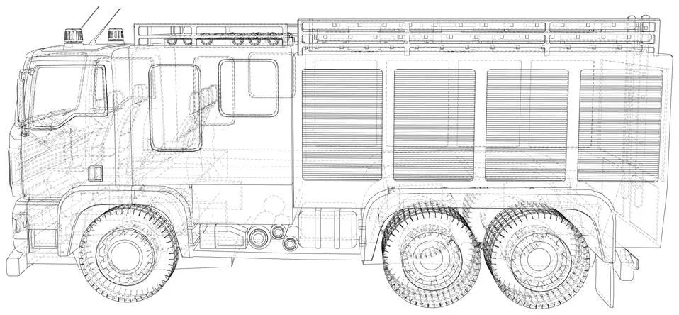 Fire Engine vector. Fire truck. Wire-frame. The layers of visible and invisible Stock Illustration