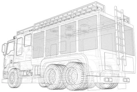 Fire Engine vector. Fire truck Wire-frame line isolated. Vector rendering of 3d Illustrazione stock