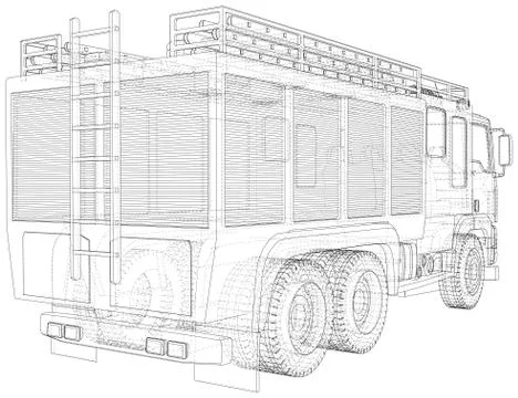 Fire Engine vector. Fire truck. Wire-frame. The layers of visible and invisible Stock Illustration