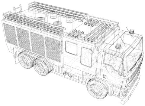 Fire Engine vector. Fire truck Wire-frame line isolated. Vector rendering of 3d Stock Illustration