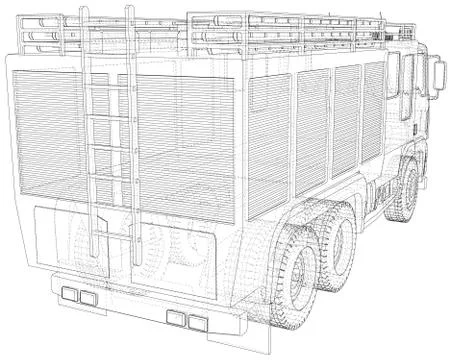 Fire Engine vector. Fire truck Wire-frame line isolated. Vector rendering of 3d Stock Illustration