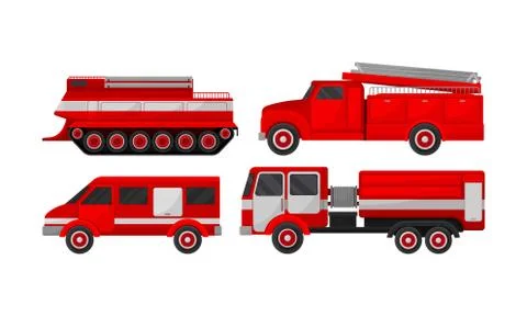 Fire Engine Vector Set. Emergency Truck Collection. Stock Illustration