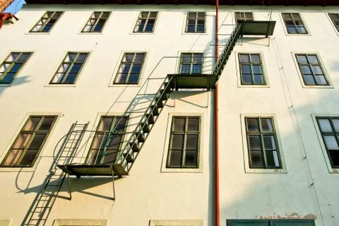 Fire escape on the facade of hops store in Zatec town. Czech Republic. Stock Photos