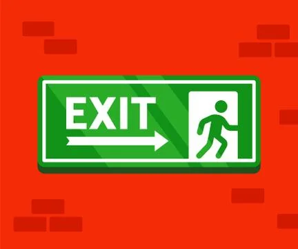 Fire evacuation sign. The safe exit sticker hangs on a brick wall. Ilustración de archivo