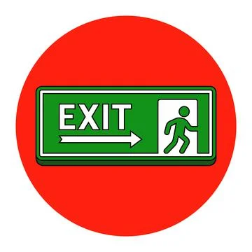 Fire evacuation sign. The safe exit sticker hangs on a brick wall. Ilustración de archivo