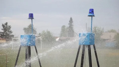 Fire exercises fire with water from fire hoses to target water Stock Footage 123248205