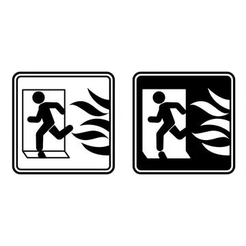 Fire Exit Signs. Black and White Vector Icons. Fire Emergency Evacuation Sy.. Stock Illustration