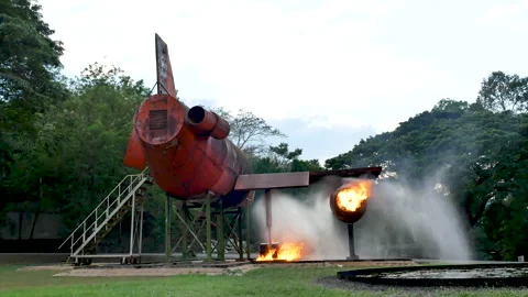 Fire explosion flammable airplane fire on smoke, hot danger flame burning effect Видео 154354443