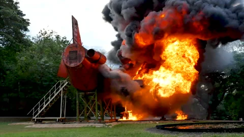Fire explosion flammable airplane fire on smoke, hot danger flame burning effect Stock Footage 154354748
