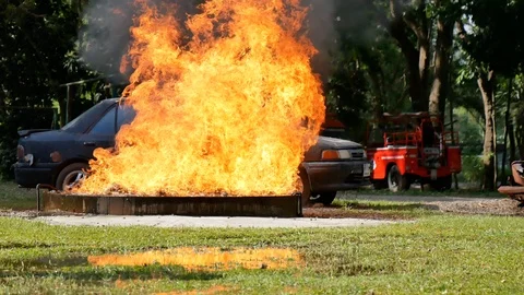 Fire explosion flammable car fire on street smoke, hot danger flame burning effe Видео 124570744