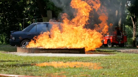 Fire explosion flammable car fire on street smoke, hot danger flame burning effe Stock Footage 124570908