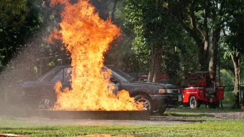 Fire explosion flammable car fire on street smoke, hot danger flame burning effe Stock Footage 270102675