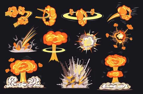 Fire explosions in comic style set isolated elements. Bundle of bright flame Stock Illustration