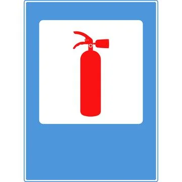 Fire extinguisher on a blue background. Road sign. Illustration