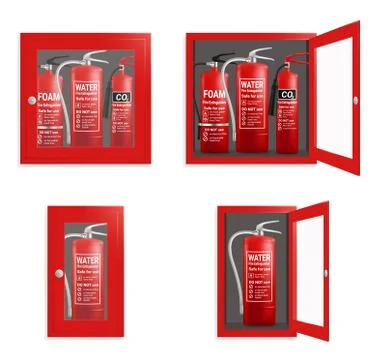 Fire extinguisher in cabinet set, vector isolated illustration Stock Illustration