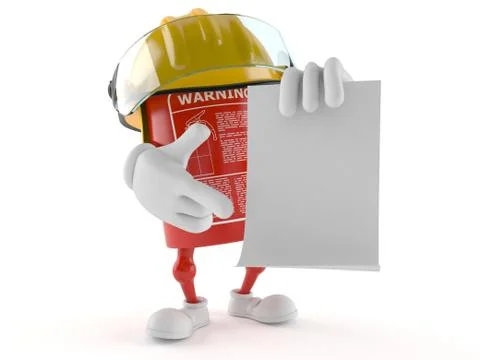Fire extinguisher character with blank sheet of paper Illustrazione stock