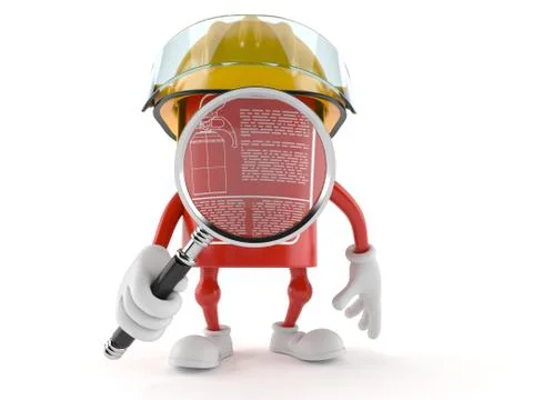 Fire extinguisher character looking through a magnifying glass Stock Illustration