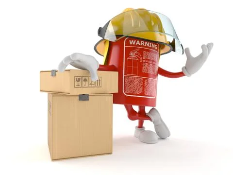 Fire extinguisher character with stack of boxes Illustrazione stock