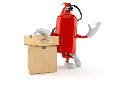 Fire extinguisher character with stack of boxes Stockillustratie