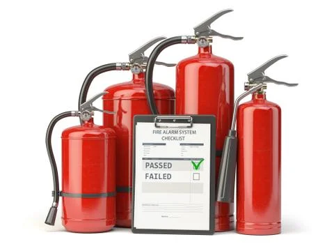 Fire extinguisher checking concept. Fire extinguisher and clipboard with chec Stock Illustration