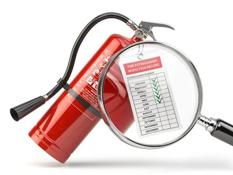 Fire extinguisher checking concept. Fire extinguisher,  loupe with checklist. Stock Illustration