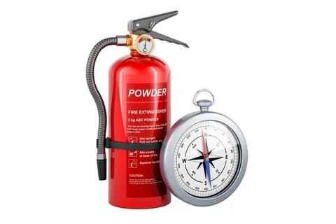 Fire extinguisher with compass. 3D rendering Fire extinguisher with compas... Stock Photos