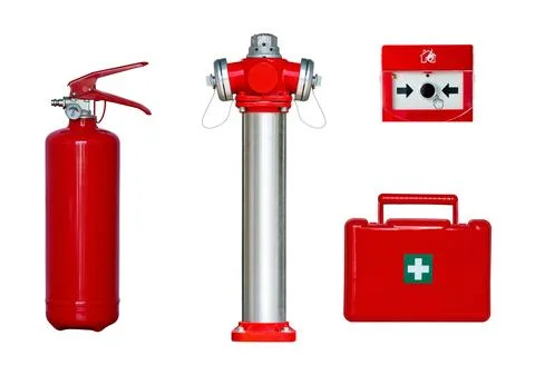 Fire extinguisher, fire hydrant, first aid kit, fire alarm button and isola.. Stock Photos