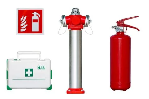 Fire extinguisher, fire hydrant, first aid kit isolated on white background Stock Photos