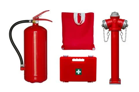 Fire extinguisher, first aid kit, fire hydrant and bag with fire extinguish.. Stock Photos