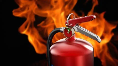 Fire extinguisher on flame background. 3D illustration Stockillustratie