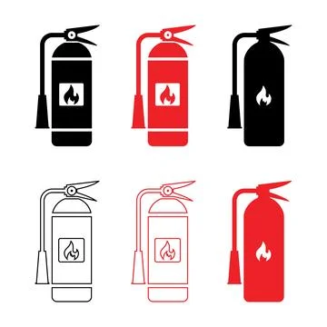 Fire extinguisher icon vector set with red and black silhouettes Stock Illustration