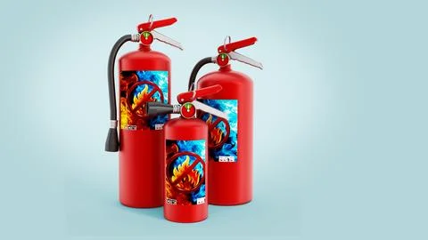Fire Extinguisher isolated on blue background. 3D illustration Ilustración de archivo