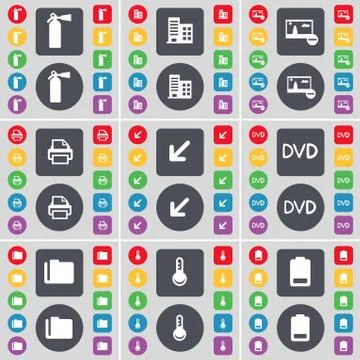 Fire extinguisher, Picture, Printer, Deploying screen, DVD, Folder, Thermometer, Stock Illustration