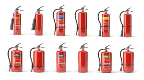 Fire extinguisher set  of different types isolated on white. Stock Illustration