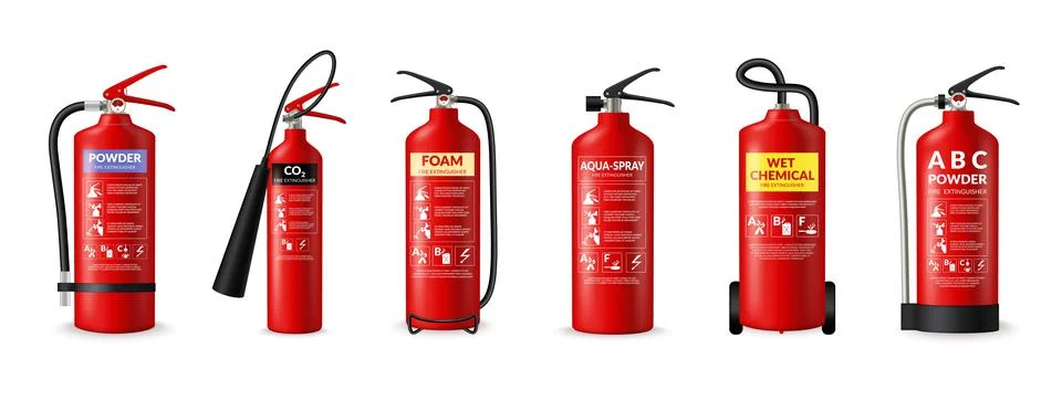 Fire extinguisher type, dry fire fighting powder class, water foam. Different Stock Illustration