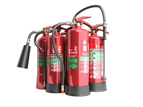 Fire extinguishers isolated on white background Various types of extinguisher Stock Illustration