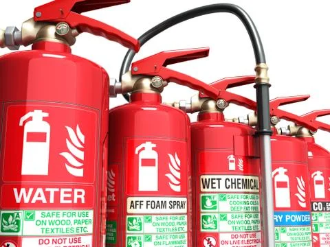 Fire extinguishers isolated on white background Various types of extinguisher Stock Illustration