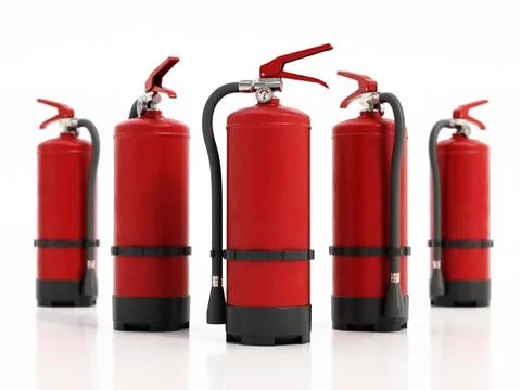 Fire extinguishers isolated on white background. 3D illustration Stock Illustration