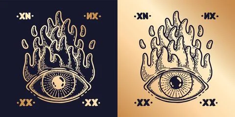 Fire eye. Tarot hell card. Vintage gold magic gypsy tattoo. Mystic spiritual Stock Illustration