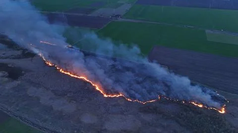 A fire in the field drone view Stock Photos