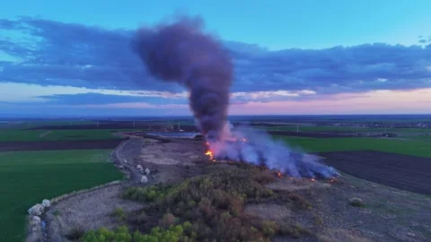 A fire in the field drone view video Stock Footage 269419672