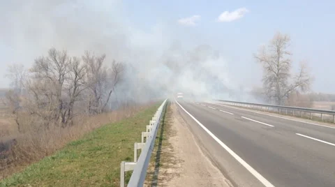 Fire on a field near the highway. Stock Footage 65232995
