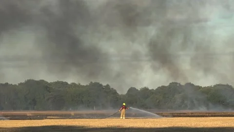 A fire fighter dousing flame pockets in a field fire, Ardleigh, Essex, UK. Stock Footage 138115117