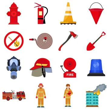 Fire fighter icon set, flat style Stock Illustration