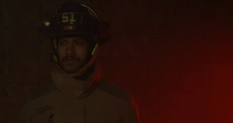 Fire Fighter  Looking up and down - copy space right Stock Footage 108819404