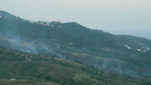Fire fighter plane working on summer malicious flames,nature save,4k emergency Stock Footage 137625884