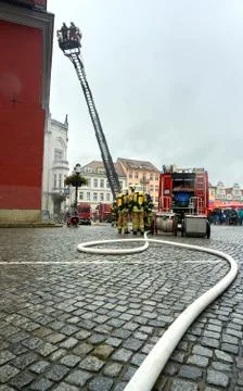 Fire fighter practicing  rescue action Stock Photos
