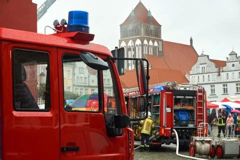 Fire fighter practicing  rescue action Stock Photos