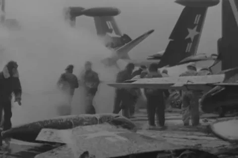 Fire fighters extinguish fire from jet aircraft - 1951 Stock Footage 102874559