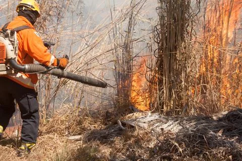 Fire fighters working on putting out blaze Stock Photos